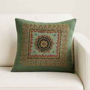 Cushion Cover - Boho Embroidered Green Pillow Cover (18” x 18”)